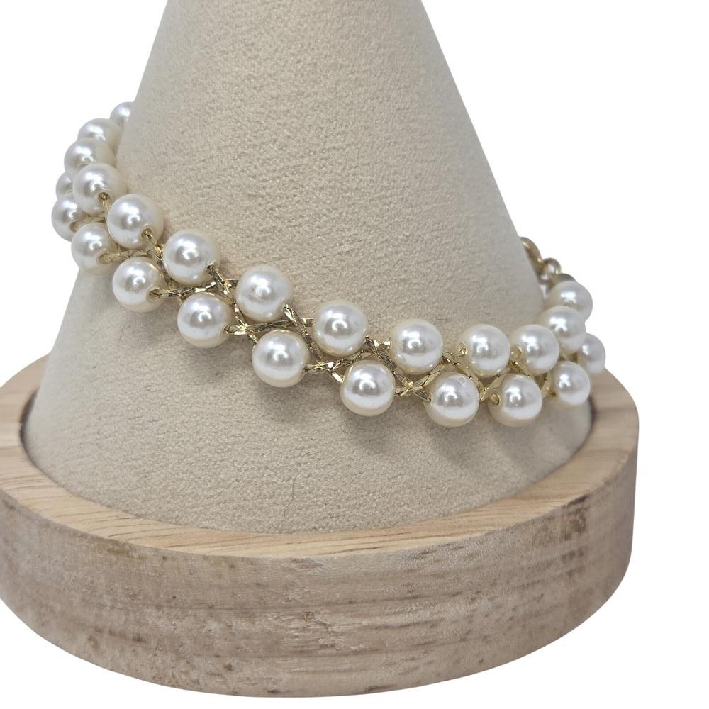 Vintage Gold Tone Faux Pearl‎ Woven Braid Chain Bracelet